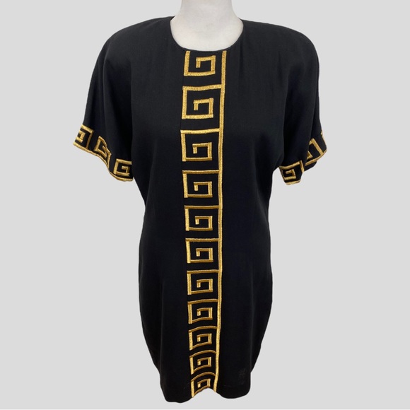 Vintage 80s 90s Chetta B Black Linen Blend Gold Embroidered Greek Key Dress - Picture 7 of 7